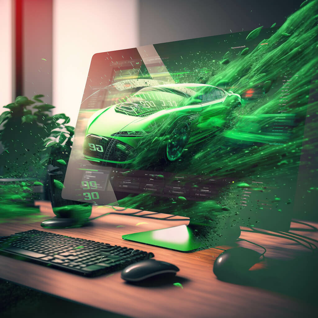 computer on desk showing a modern website with ui/ux with a car at high speed coming out of the screen at high speed similar to Website Speed and SEO